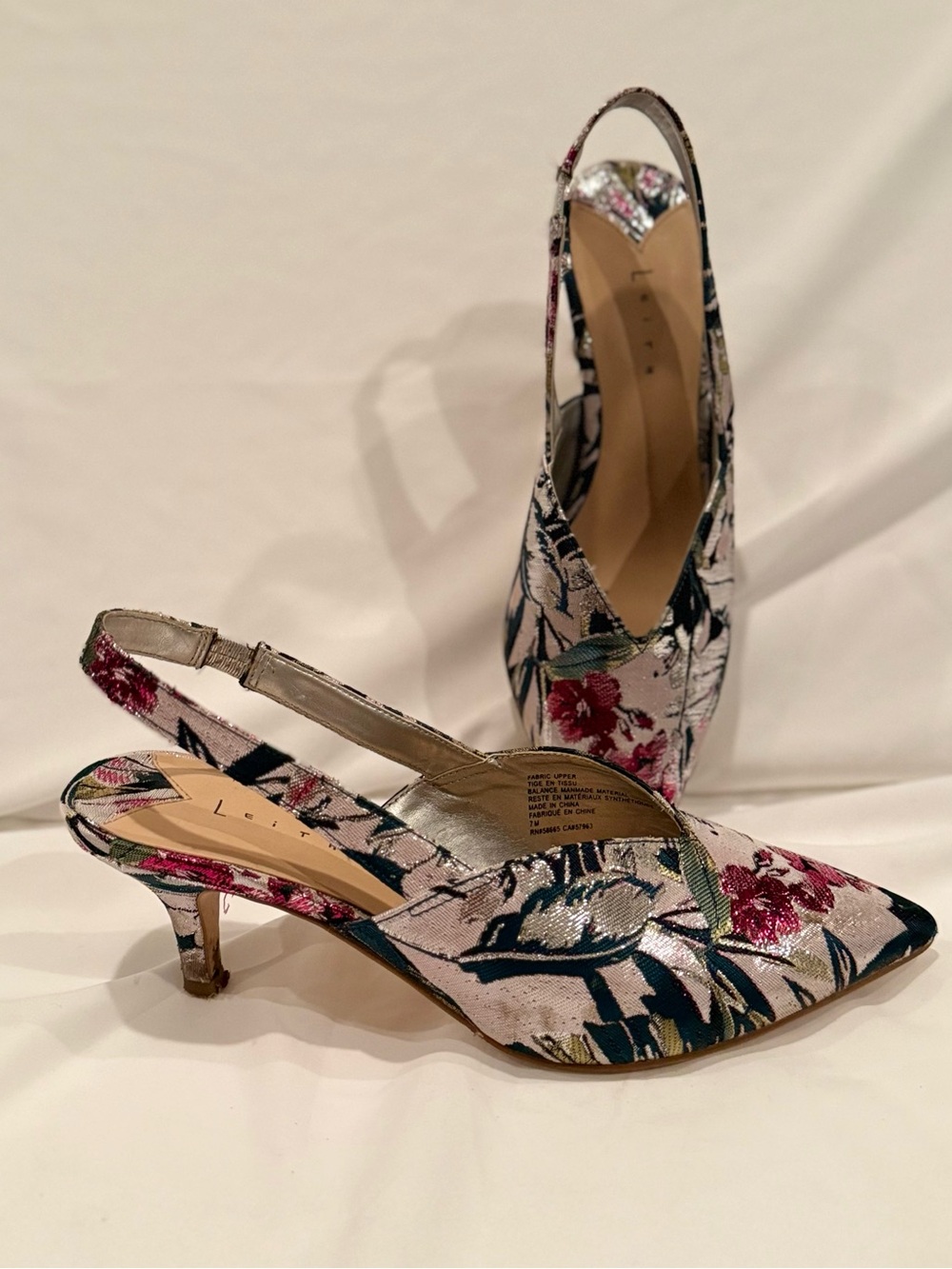 Leith Floral Brocade Slingback Heels Womens 7M Metallic Jacquard Kitten Pumps